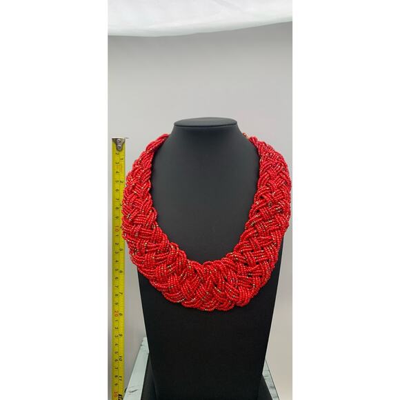 Coral Red And Iridescent Braided Seed Bead Necklace Boho Beauty - Picture 2 of 4